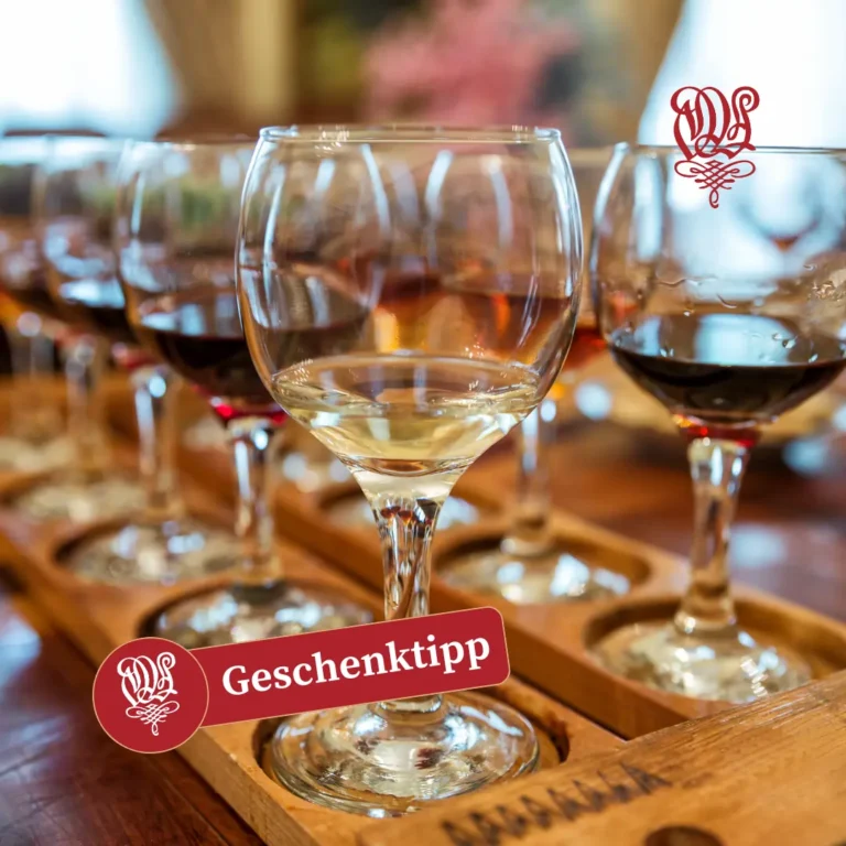 Tastingabend in Wöltingerode. Mehrere Gläser mit verschiedenem Inhalt. Geschenktipp Schriftzug mit Wöltingerode W Logo