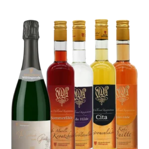 Wölti Sprizz Paket. Wöltingerode Sekt trocken und 1 von 4 Likören zur Wahl: Cita, Wilde Hilde, Sommerlikör, Kaki Quitte.