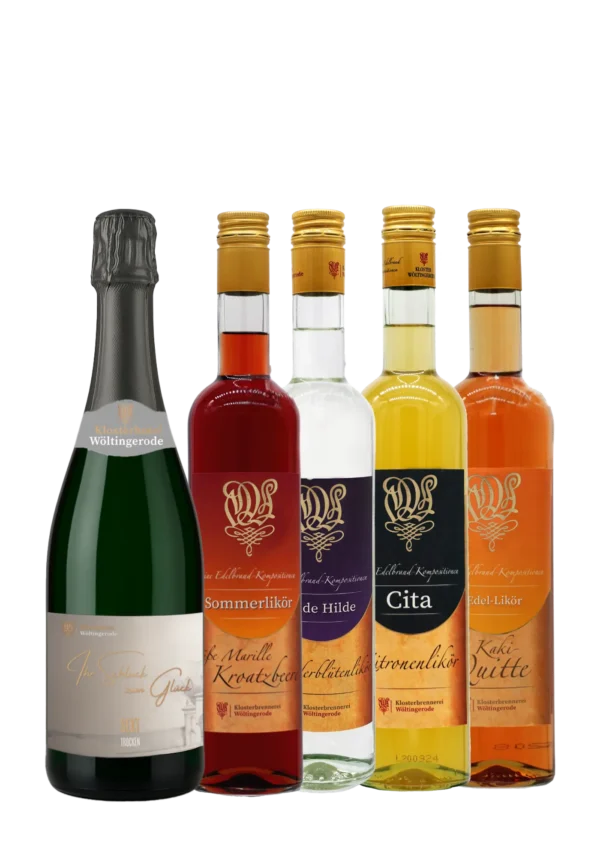 Wölti Sprizz Paket. Wöltingerode Sekt trocken und 1 von 4 Likören zur Wahl: Cita, Wilde Hilde, Sommerlikör, Kaki Quitte.
