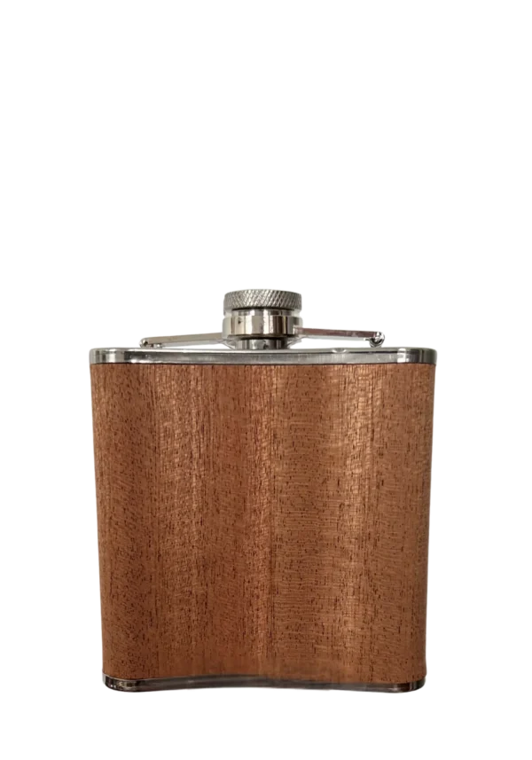 Brauner Flachmann mit in edler Holzoptik, 170 ml Fassungsvermögen.