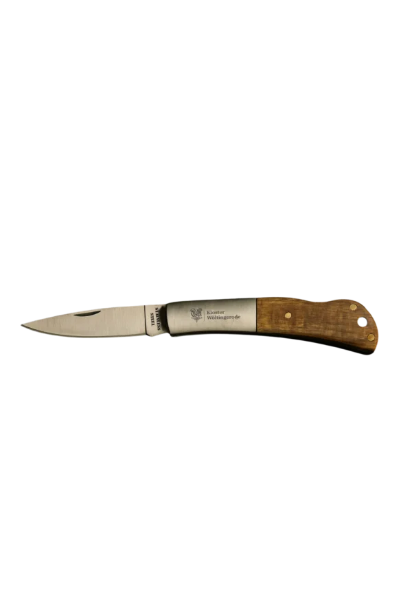 Taschenmesser Kloster Wöltingerode. Ausgeklapptes Taschenmesser aus Edelstahl mit Holzgriff und Kloster Wöltingerode Gravur