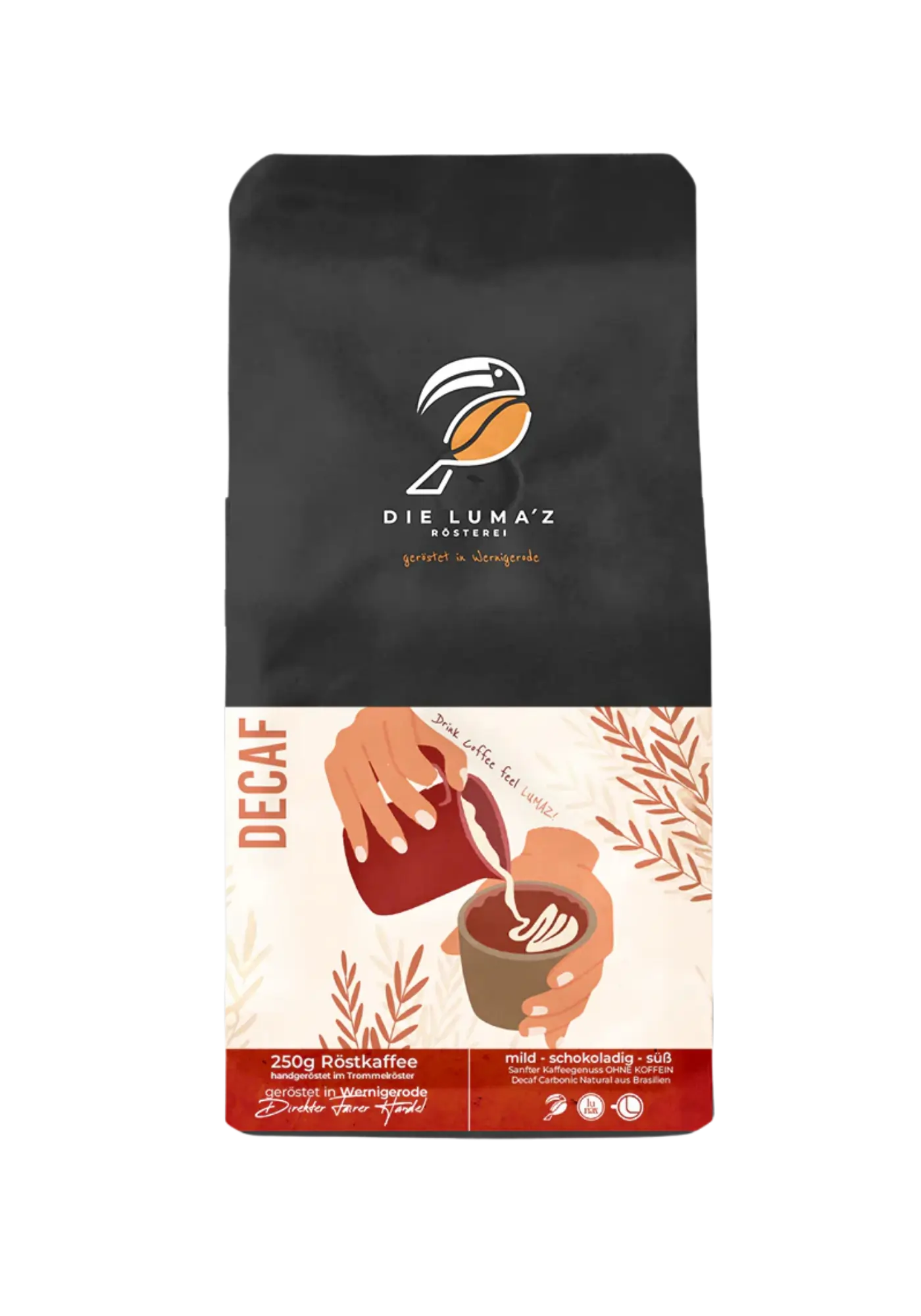DECAF Kaffee: Schwarze 250-g-Kaffeepackung LUMAZ „DECAF“ mit Illustration beim Eingießen von Latte Art; mild, schokoladig, süß; entkoffeinierter Kaffee aus Brasilien.