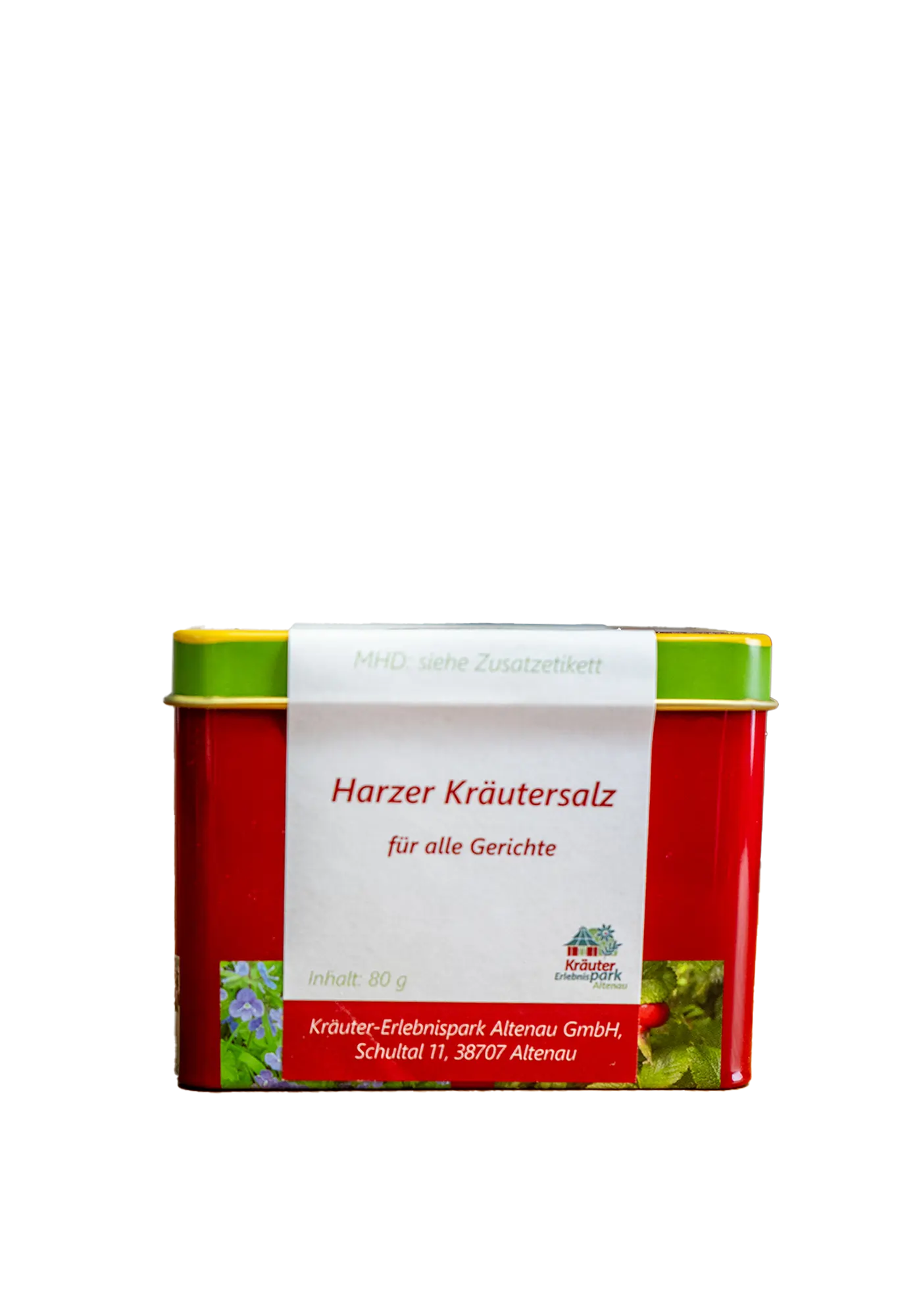 Rote Gewürzdose mit grünem Deckel „Harzer Kräutersalz – für alle Gerichte“, 80 g, Herkunft Kräuter-Erlebnispark Altenau.