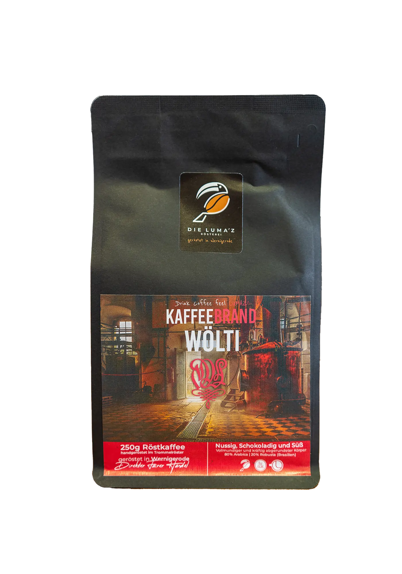 KaffeeBrand Wölti. Schwarze 250-g-Kaffeepackung LUMAZ „KaffeeBrand Wölti“ mit Motiv einer Kupfer-Brennerei; nussig, schokoladig, süß; 80 % Arabica, 20 % Robusta.