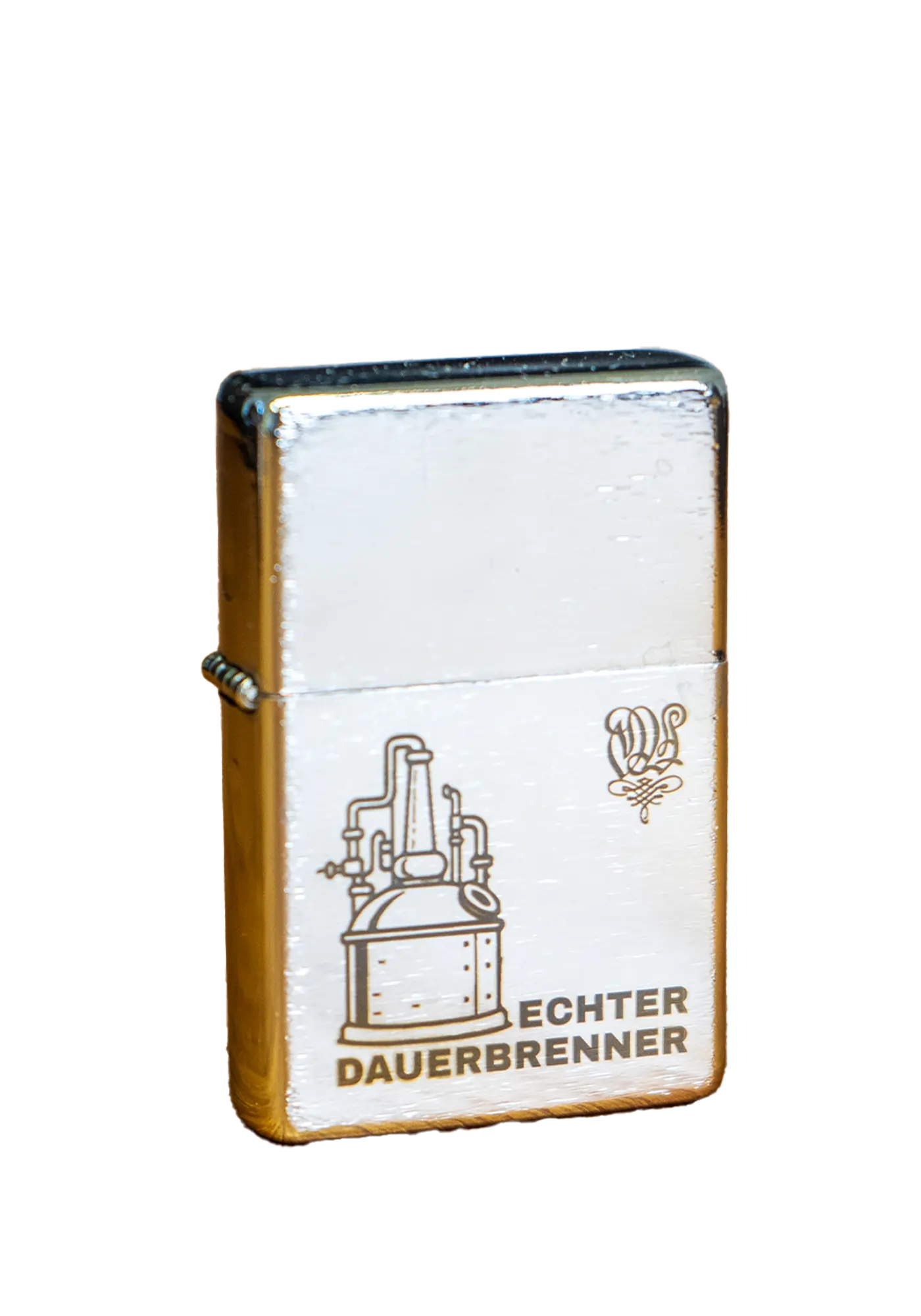 Feuerzeug „Echter Dauerbrenner“ Metallfeuerzeug im Goldbarren-Look mit Gravur einer Destille und Schriftzug „Echter Dauerbrenner“.