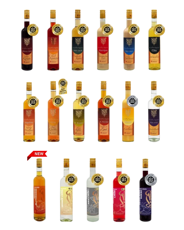 Alle Liköre der Klosterbrennerei Wöltingerode auf einem Bild. Backweek Angebot. 3 Liköre nach Wahl für 37,50 €