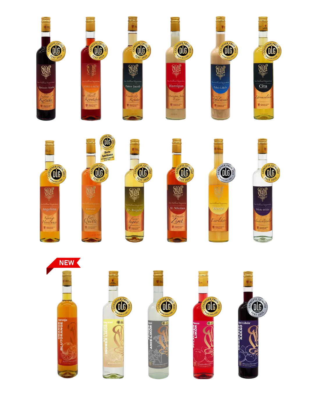 Alle Liköre der Klosterbrennerei Wöltingerode auf einem Bild. Backweek Angebot. 3 Liköre nach Wahl für 37,50 €